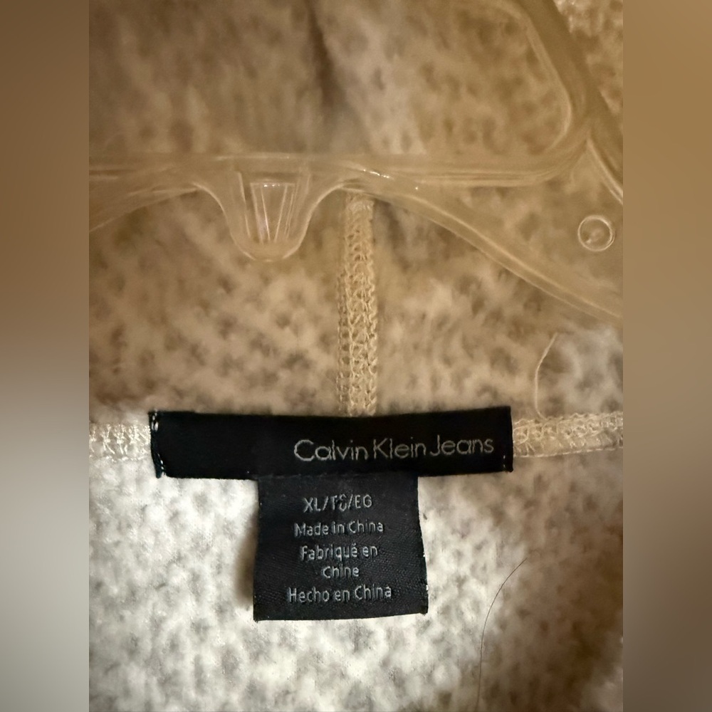 Calvin Klein Fleece Gray Cream Full Zip Hoodie Sweater Pockets Women’s XL - Picture 3 of 4